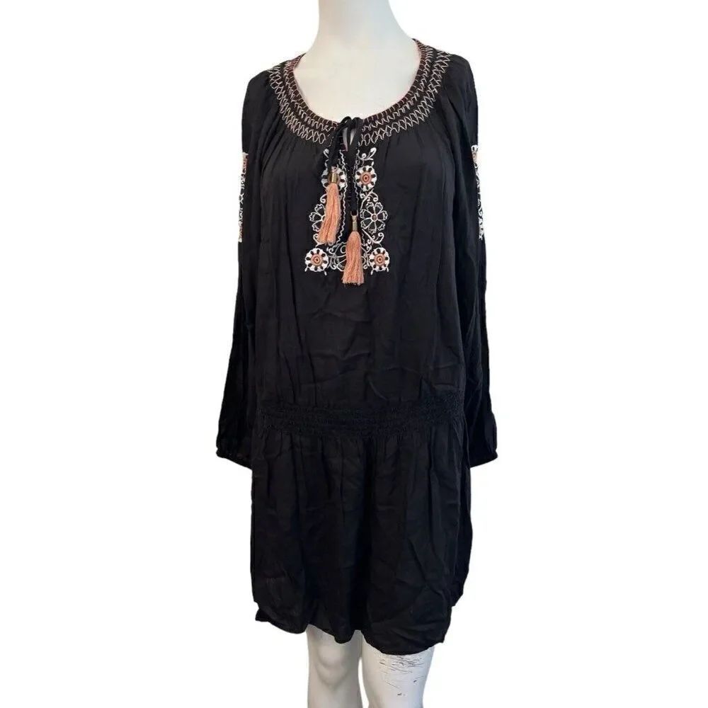 Large Black Oversized Crepe Embroidered Flowers Dress Long Sleeve Tassels NWT